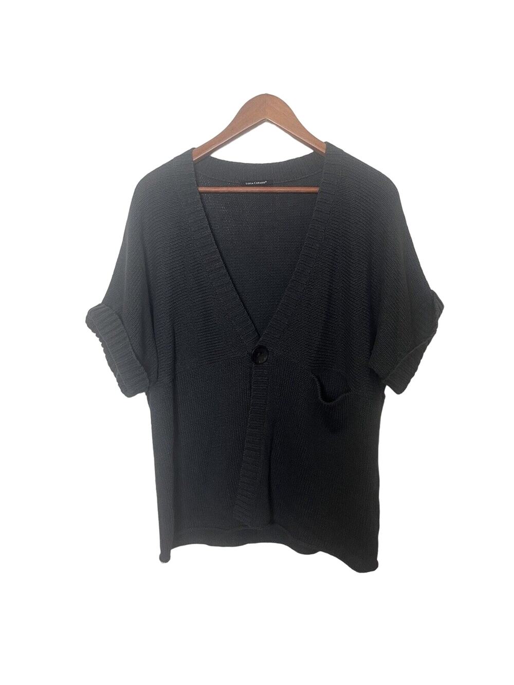 Luisa Cerano Women’s Size 14 Black Cotton Blend Short Sleeve Knit Cardigan